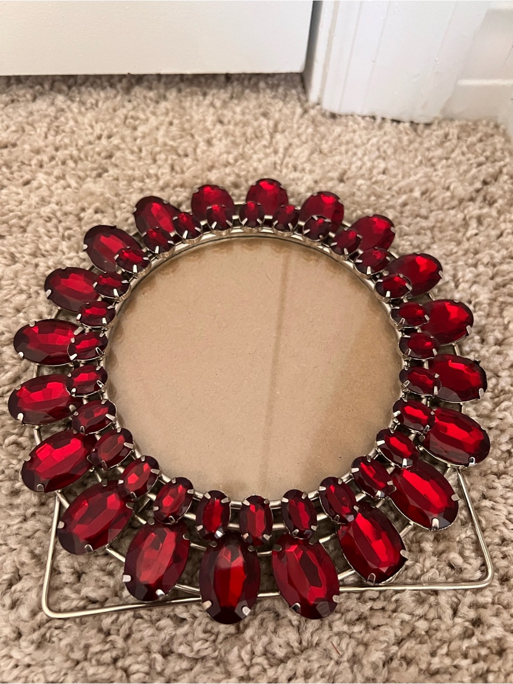 Ruby Red Jeweled Round Photo Frame Rhinestone Glam Tabletop Decor